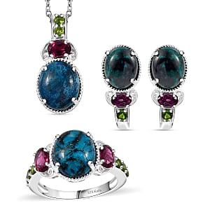Karis Table Mountain Shadowkite and Multi Gemstone 18.20 ctw Earrings, Ring (Size 9.0) and Pendant in Platinum Bond with Stainless Steel Necklace 20 Inches