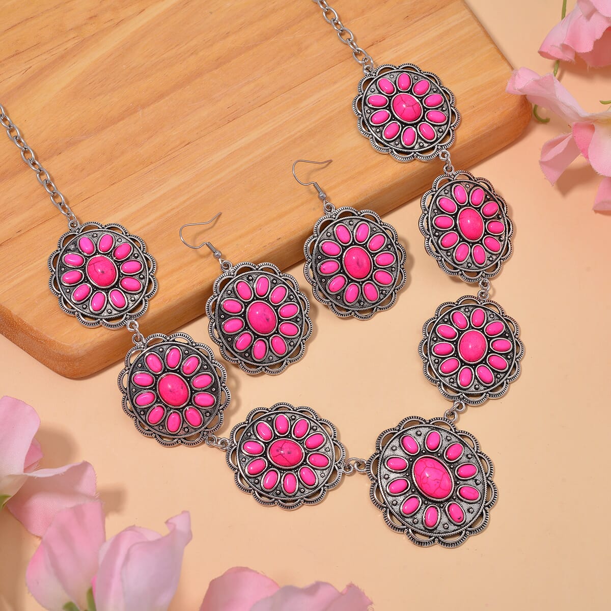 Constituted Pink Howlite 225.00 ctw Earrings and Necklace in Black Oxidized Silvertone and Stainless Steel 20-22 Inches image number 1