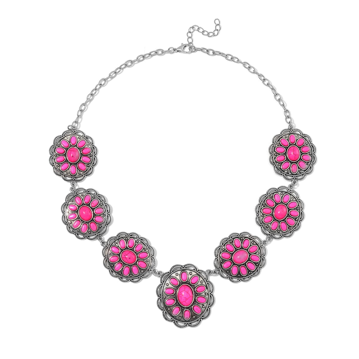Constituted Pink Howlite 225.00 ctw Earrings and Necklace in Black Oxidized Silvertone and Stainless Steel 20-22 Inches image number 2