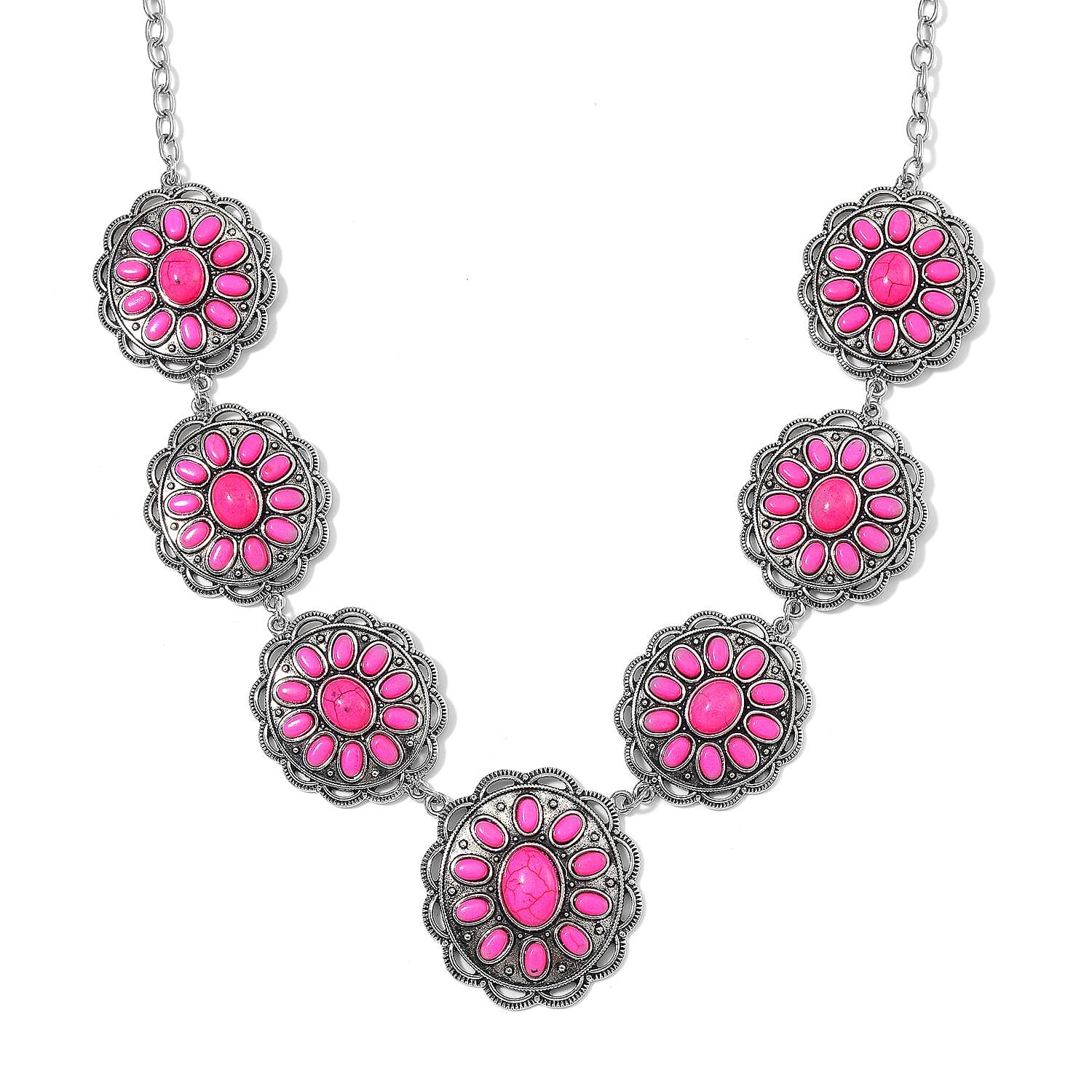 Constituted Pink Howlite 225.00 ctw Earrings and Necklace in Black Oxidized Silvertone and Stainless Steel 20-22 Inches
