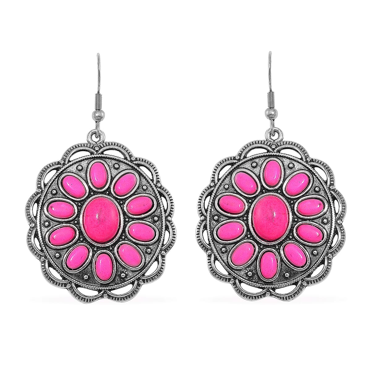Constituted Pink Howlite 225.00 ctw Earrings and Necklace in Black Oxidized Silvertone and Stainless Steel 20-22 Inches