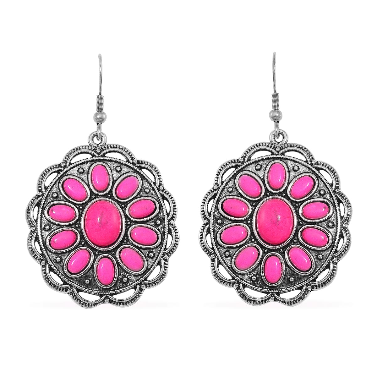Constituted Pink Howlite 225.00 ctw Earrings and Necklace in Black Oxidized Silvertone and Stainless Steel 20-22 Inches image number 5