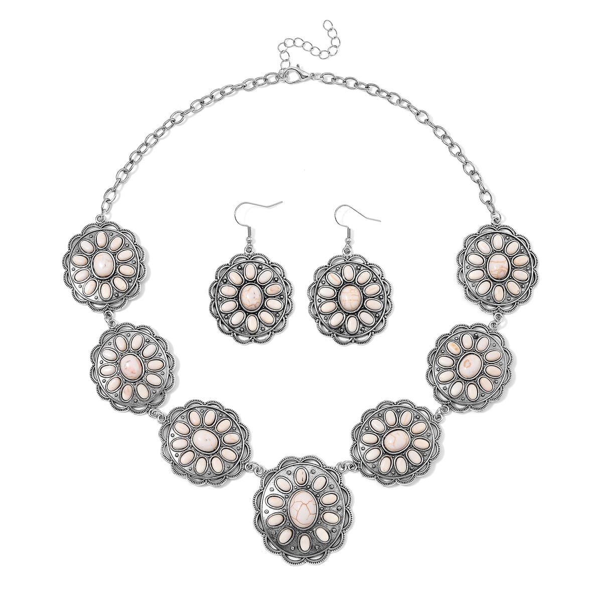Constituted White Howlite 225.00 ctw Earrings and Necklace in Black Oxidized Silvertone and Stainless Steel 20-22 Inches image number 0