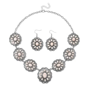 Constituted White Howlite 225.00 ctw Earrings and Necklace in Black Oxidized Silvertone and Stainless Steel 20-22 Inches