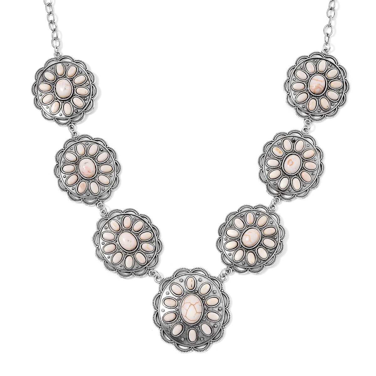 Constituted White Howlite 225.00 ctw Earrings and Necklace in Black Oxidized Silvertone and Stainless Steel 20-22 Inches image number 2