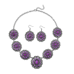 Constituted Purple Howlite 225.00 ctw Earrings and Necklace in Black Oxidized Silvertone and Stainless Steel 20-22 Inches