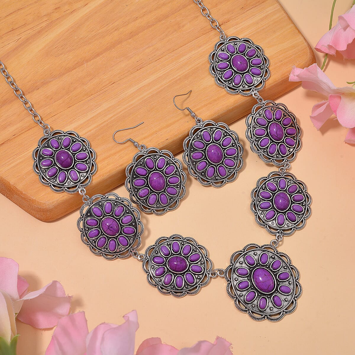 Constituted Purple Howlite 225.00 ctw Earrings and Necklace in Black Oxidized Silvertone and Stainless Steel 20-22 Inches image number 1