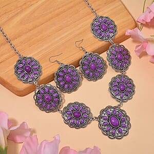 Constituted Purple Howlite 225.00 ctw Earrings and Necklace in Black Oxidized Silvertone and Stainless Steel 20-22 Inches