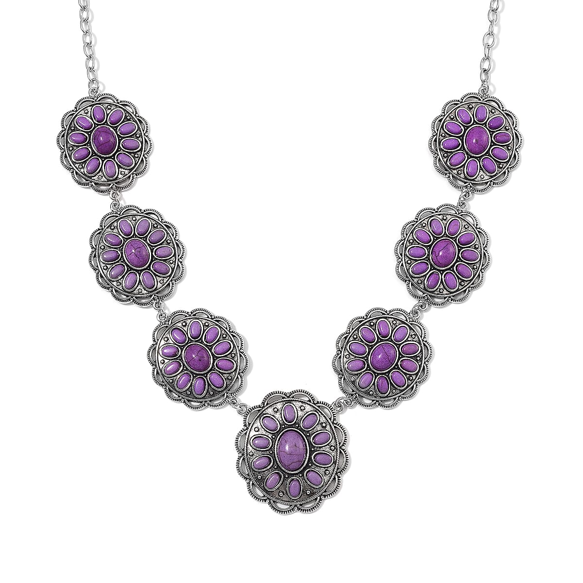 Constituted Purple Howlite 225.00 ctw Earrings and Necklace in Black Oxidized Silvertone and Stainless Steel 20-22 Inches image number 2