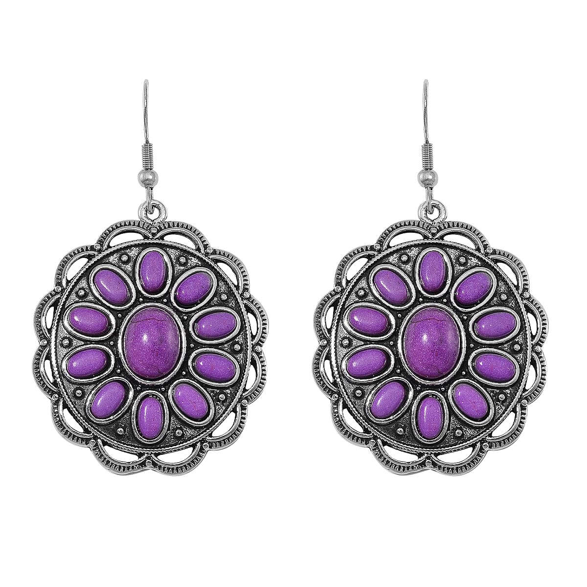 Constituted Purple Howlite 225.00 ctw Earrings and Necklace in Black Oxidized Silvertone and Stainless Steel 20-22 Inches image number 4