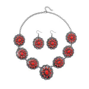 Constituted Red Howlite 225.00 ctw Earrings and Necklace in Black Oxidized Silvertone and Stainless Steel 20-22 Inches