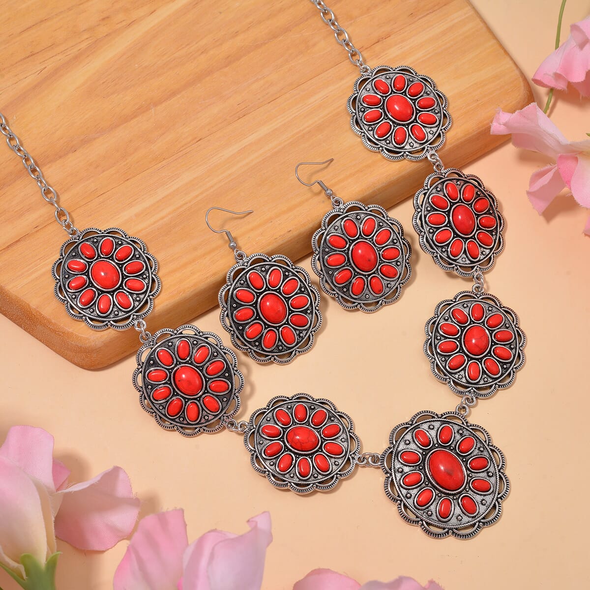 Constituted Red Howlite 225.00 ctw Earrings and Necklace in Black Oxidized Silvertone and Stainless Steel 20-22 Inches image number 1
