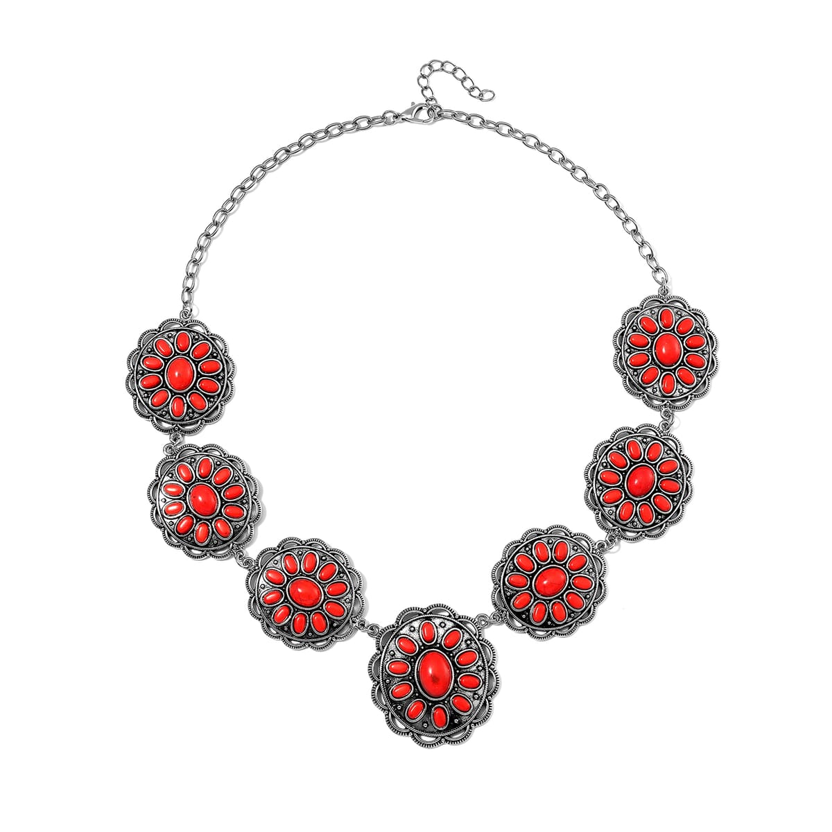 Constituted Red Howlite 225.00 ctw Earrings and Necklace in Black Oxidized Silvertone and Stainless Steel 20-22 Inches image number 2