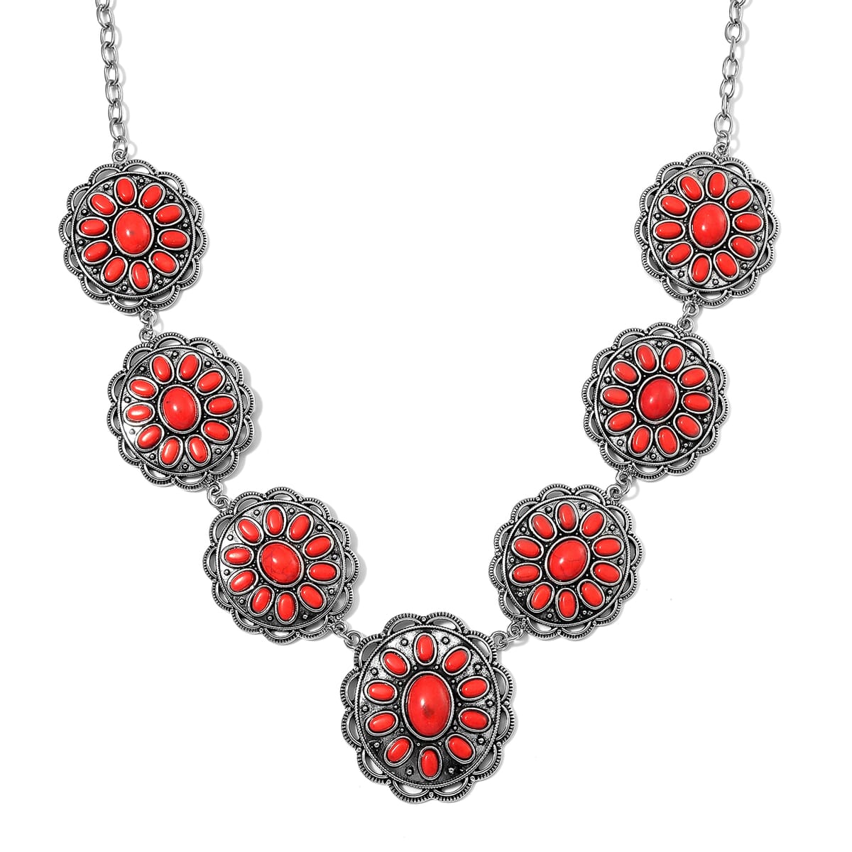 Constituted Red Howlite 225.00 ctw Earrings and Necklace in Black Oxidized Silvertone and Stainless Steel 20-22 Inches image number 3