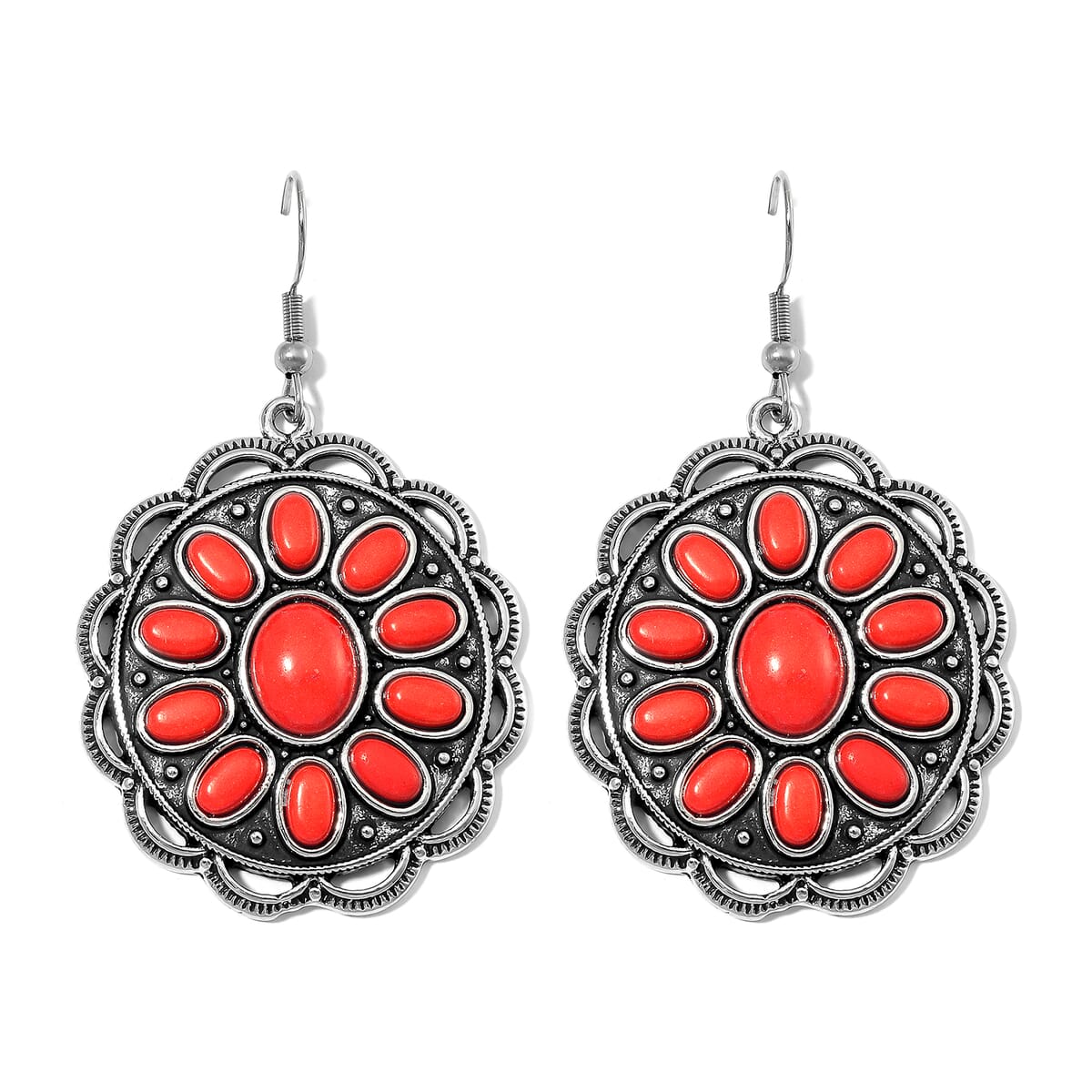 Constituted Red Howlite 225.00 ctw Earrings and Necklace in Black Oxidized Silvertone and Stainless Steel 20-22 Inches image number 5