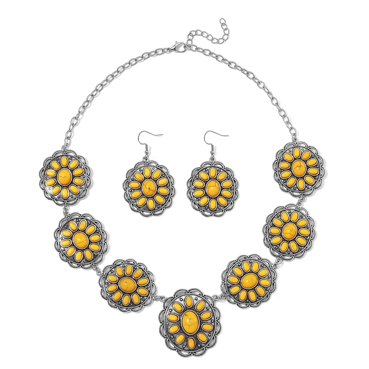 Constituted Yellow Howlite 225.00 ctw Earrings and Necklace in Black Oxidized Silvertone and Stainless Steel 20-22 Inches image number 0
