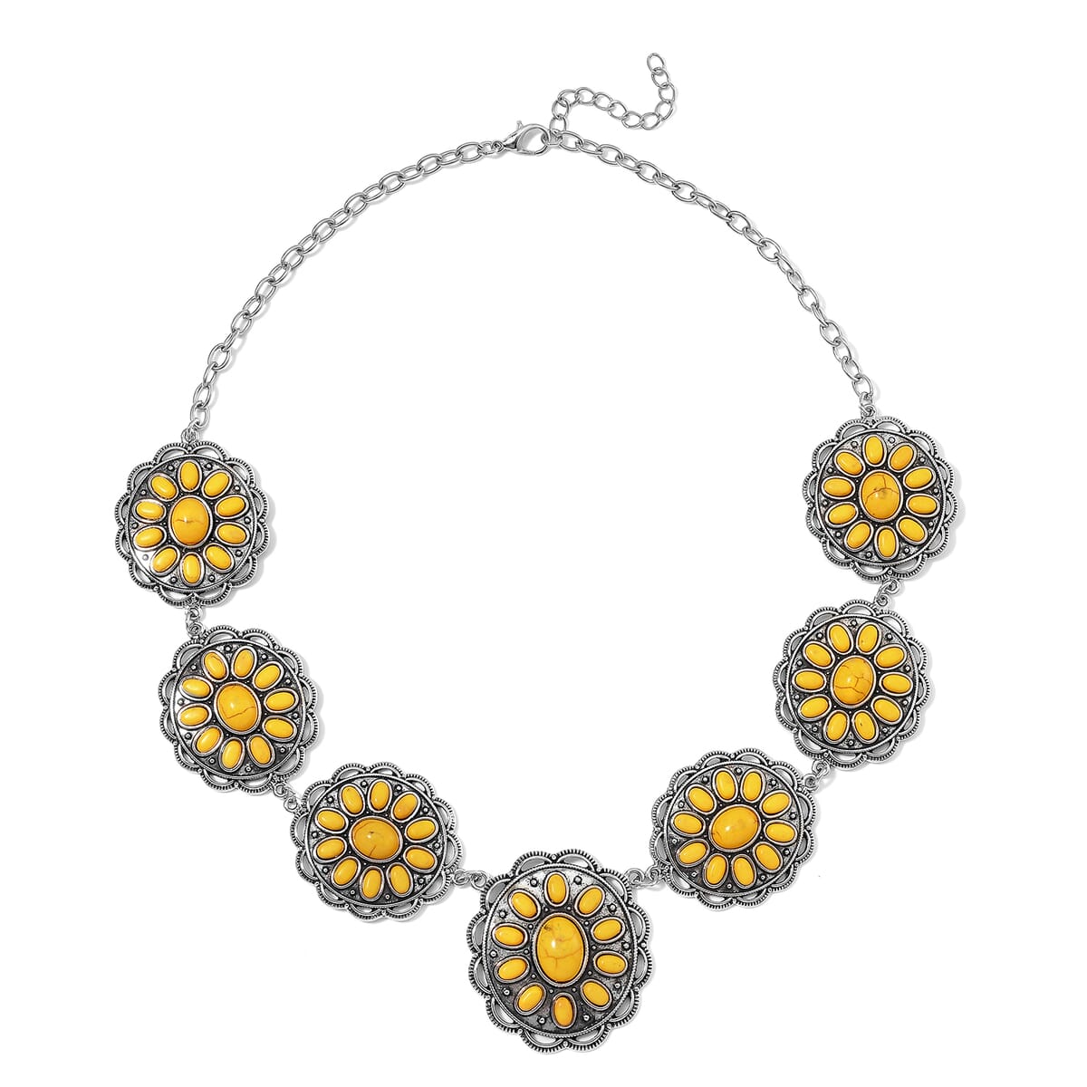 Constituted Yellow Howlite 225.00 ctw Earrings and Necklace in Black Oxidized Silvertone and Stainless Steel 20-22 Inches image number 2