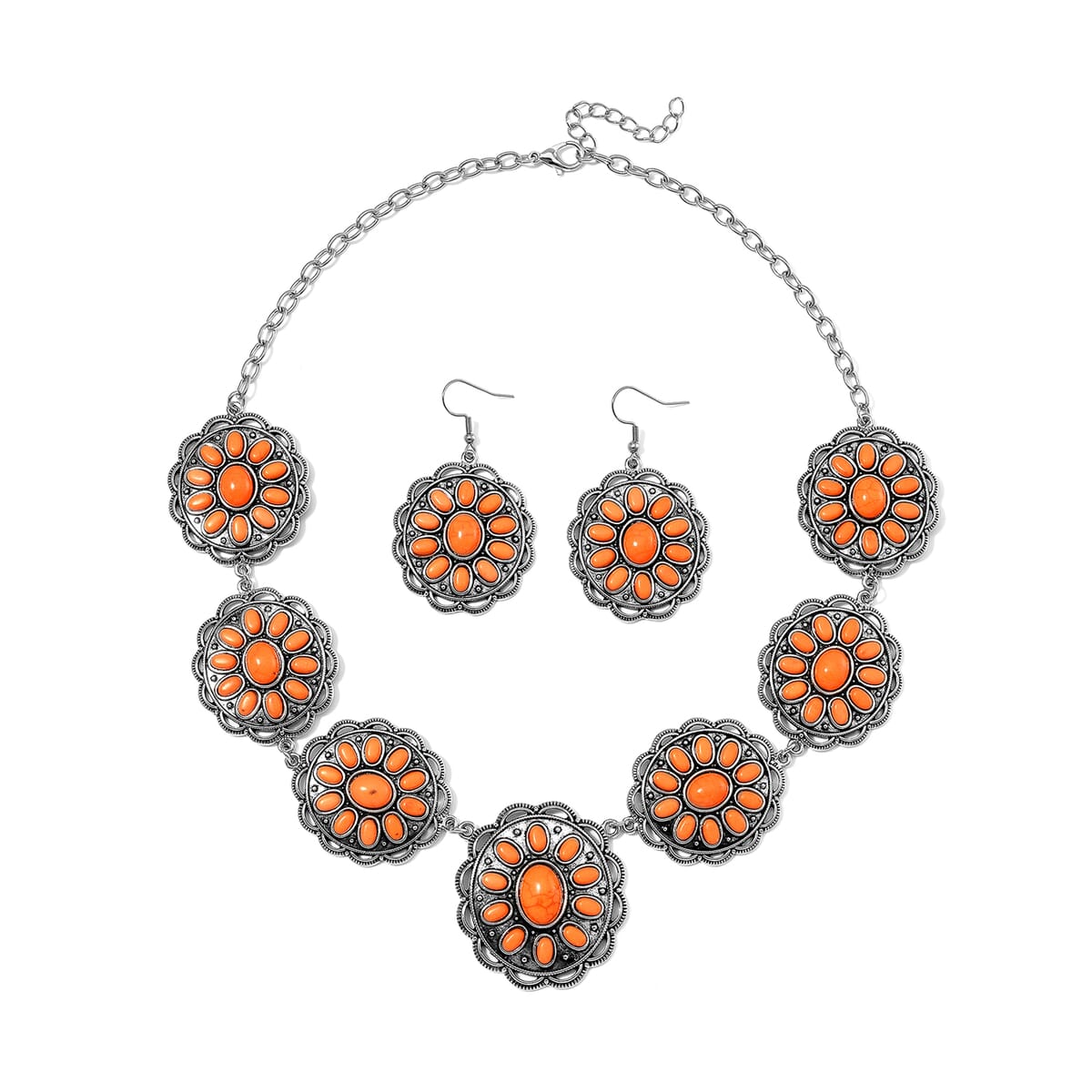 Constituted Orange Howlite 225.00 ctw Earrings and Necklace in Black Oxidized Silvertone and Stainless Steel 20-22 Inches image number 0