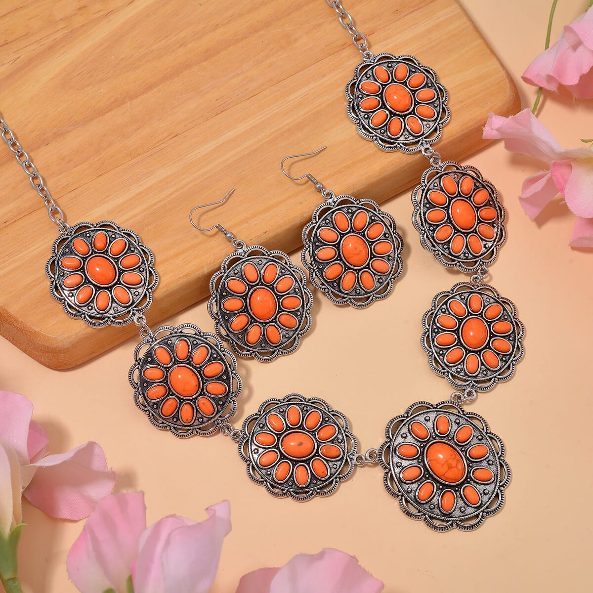 Constituted Orange Howlite 225.00 ctw Earrings and Necklace in Black Oxidized Silvertone and Stainless Steel 20-22 Inches image number 1