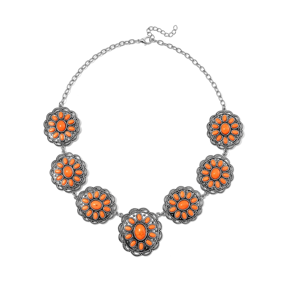 Constituted Orange Howlite 225.00 ctw Earrings and Necklace in Black Oxidized Silvertone and Stainless Steel 20-22 Inches image number 2