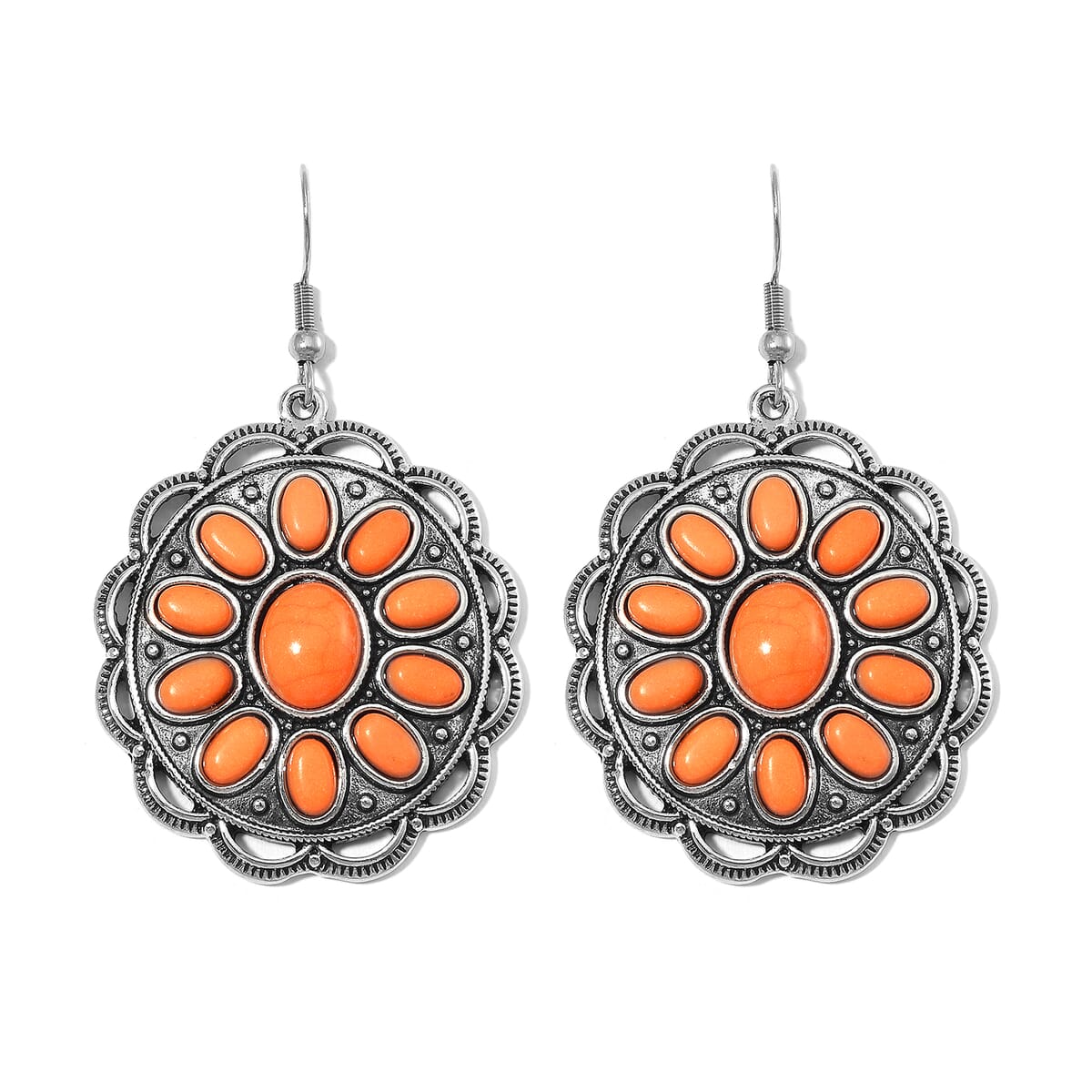 Constituted Orange Howlite 225.00 ctw Earrings and Necklace in Black Oxidized Silvertone and Stainless Steel 20-22 Inches image number 5