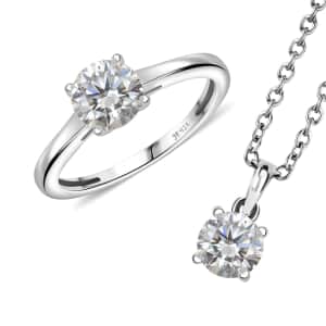 J Francis Embellished with Zirconia by Swarovski 3.25 ctw Solitaire Ring (Size 5.0), Pendant in Rhodium Over Sterling Silver with Stainless Steel Necklace 20 Inches