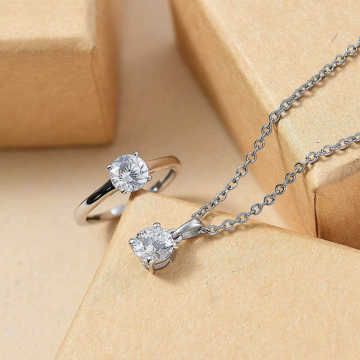 J Francis Embellished with Zirconia by Swarovski 3.25 ctw Solitaire Ring (Size 9.0), Pendant in Rhodium Over Sterling Silver with Stainless Steel Necklace 20 Inches image number 1