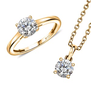 J Francis Embellished with Zirconia by Swarovski 3.25 ctw Solitaire Ring (Size 7.0), Pendant in 18K Vermeil YG Over Sterling Silver with ION Plated YG Stainless Steel Necklace 20 Inches