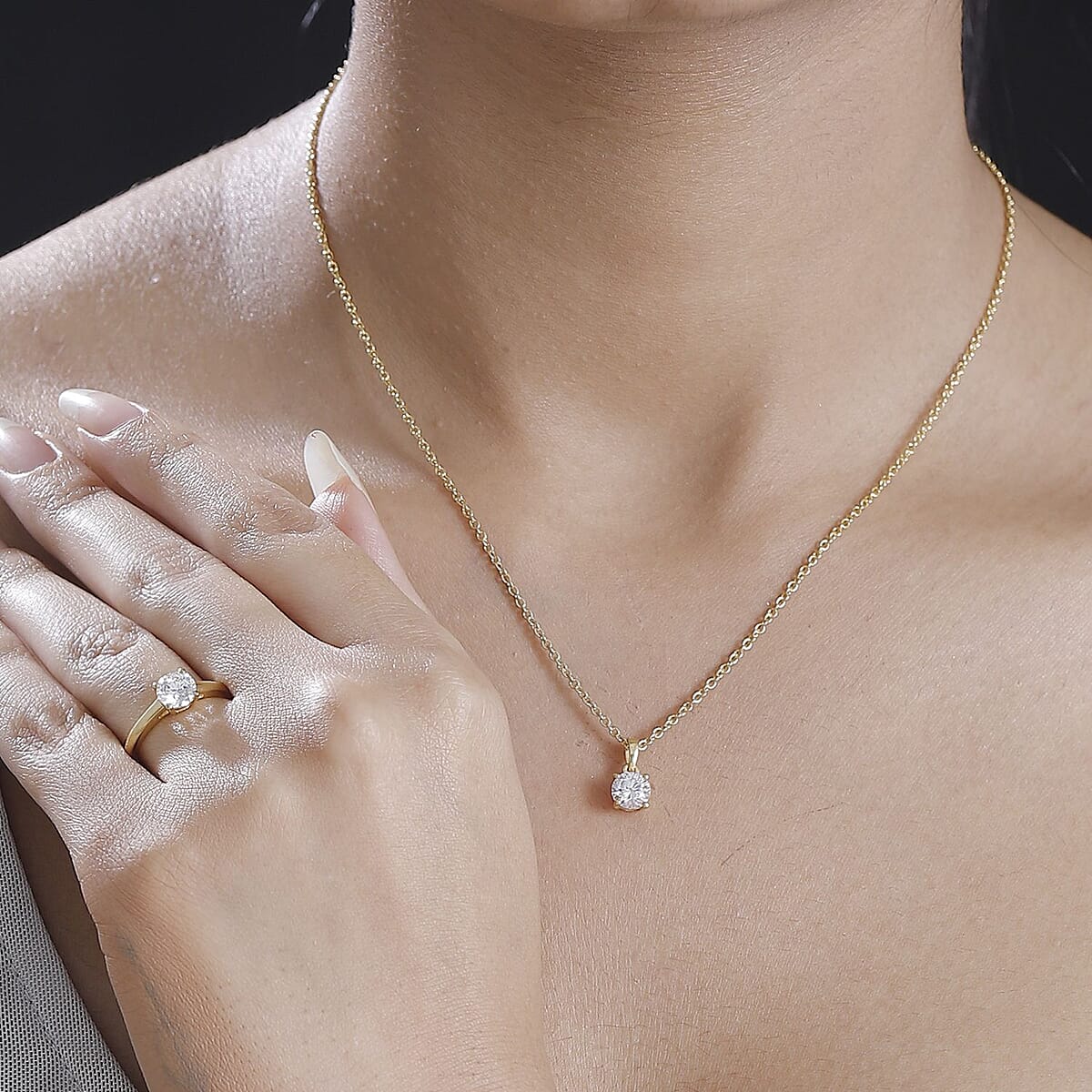 J Francis Embellished with Zirconia by Swarovski 3.25 ctw Solitaire Ring (Size 7.0), Pendant in 18K Vermeil YG Over Sterling Silver with ION Plated YG Stainless Steel Necklace 20 Inches image number 2