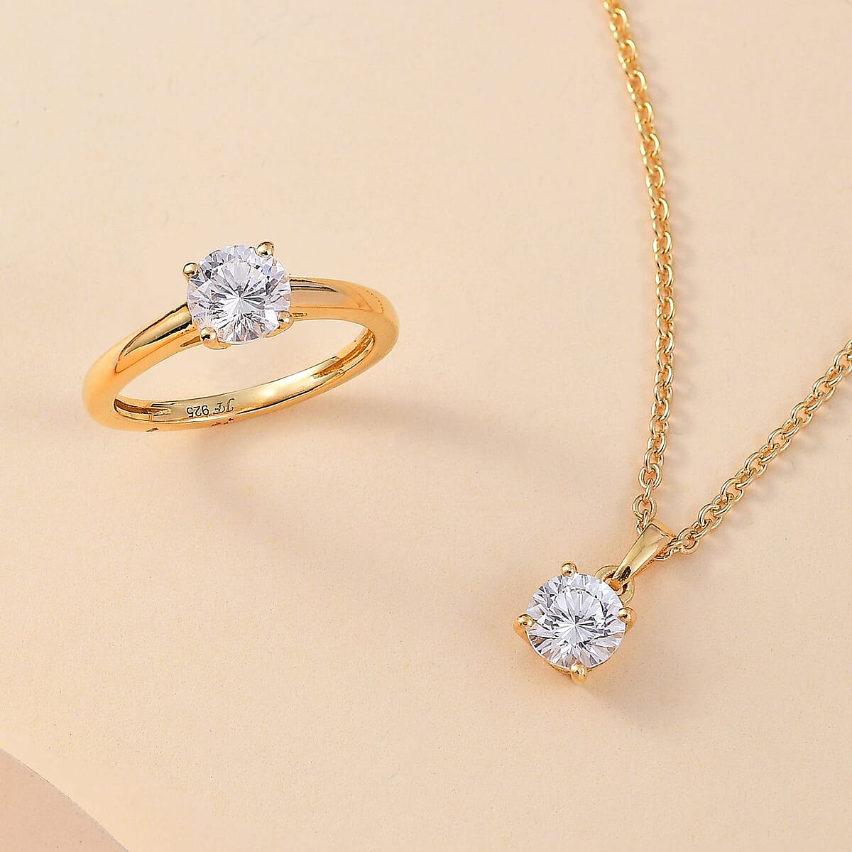 J Francis Embellished with Zirconia by Swarovski 3.25 ctw Solitaire Ring (Size 9.0), Pendant in 18K Vermeil YG Over Sterling Silver with ION Plated YG Stainless Steel Necklace 20 Inches image number 1