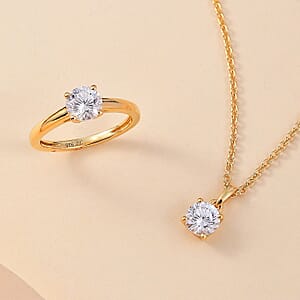 J Francis Embellished with Zirconia by Swarovski 3.25 ctw Solitaire Ring (Size 9.0), Pendant in 18K Vermeil YG Over Sterling Silver with ION Plated YG Stainless Steel Necklace 20 Inches