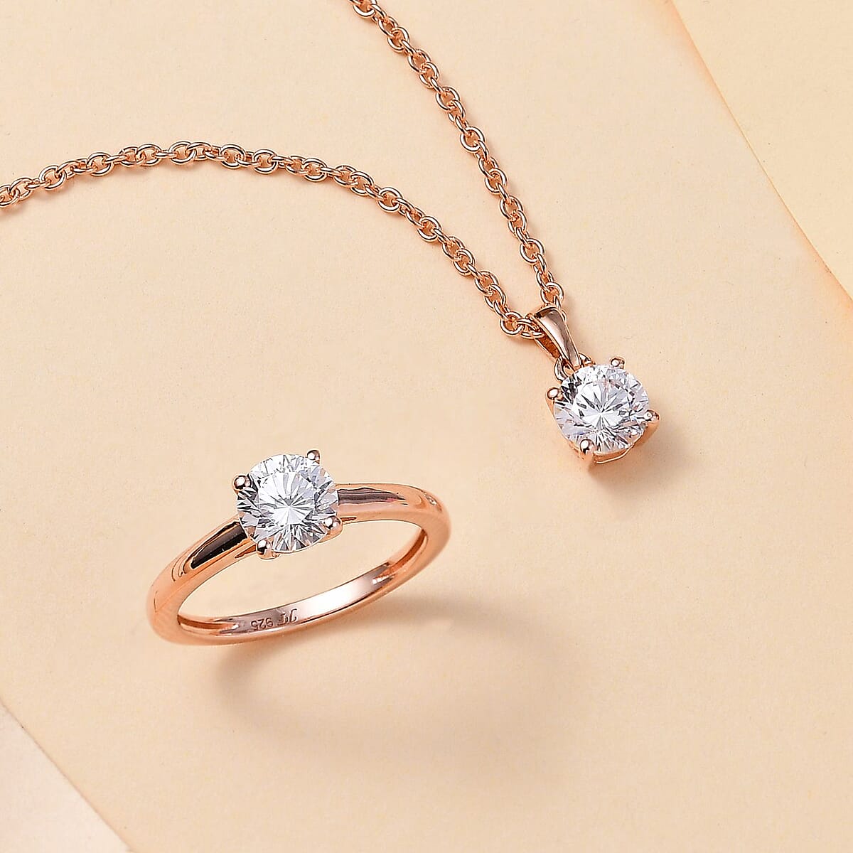 J Francis Embellished with Zirconia by Swarovski 3.25 ctw Solitaire Ring (Size 8.0), Pendant in 18K Vermeil RG Over Sterling Silver with ION Plated RG Stainless Steel Necklace 20 Inches image number 1