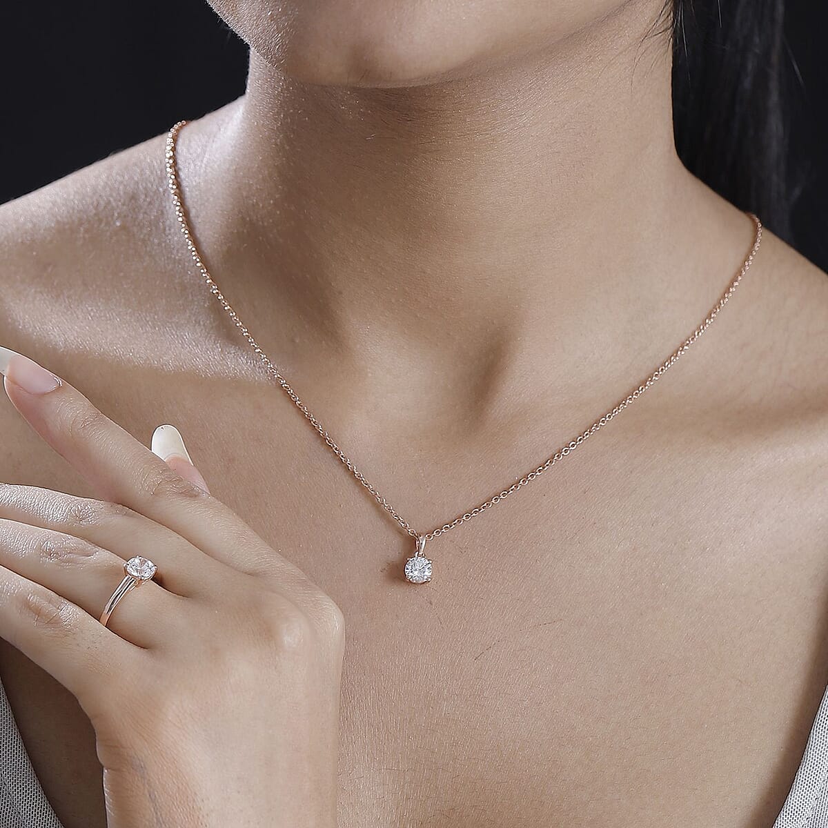 J Francis Embellished with Zirconia by Swarovski 3.25 ctw Solitaire Ring (Size 8.0), Pendant in 18K Vermeil RG Over Sterling Silver with ION Plated RG Stainless Steel Necklace 20 Inches image number 2