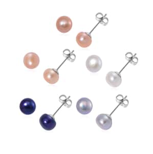 Set of 5, Multi Color Freshwater Pearl Stud Earrings in Stainless Steel