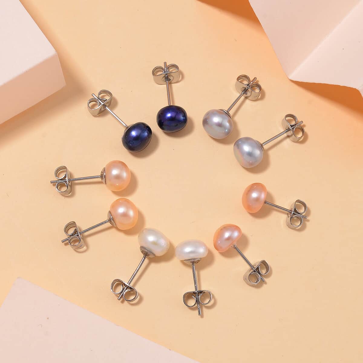 Set of 5, Multi Color Freshwater Pearl Stud Earrings in Stainless Steel image number 1