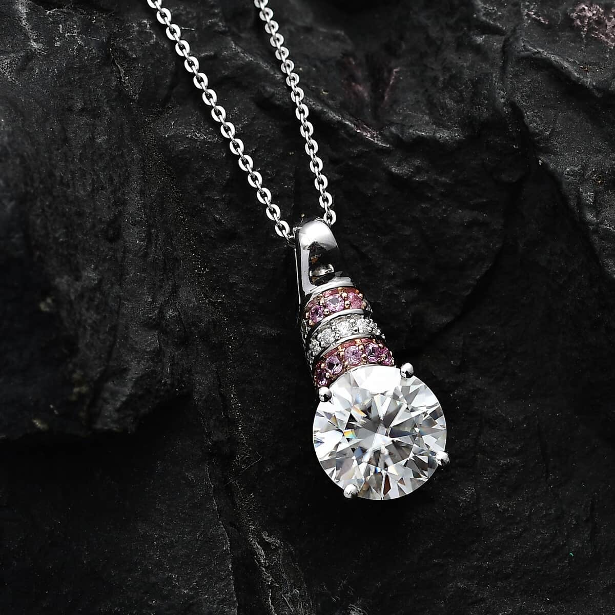 Moissanite and Pink Sapphire 3.80 ctw Moonlit Grace Pendant Necklace in Rhodium Over Sterling Silver 20 Inches image number 1