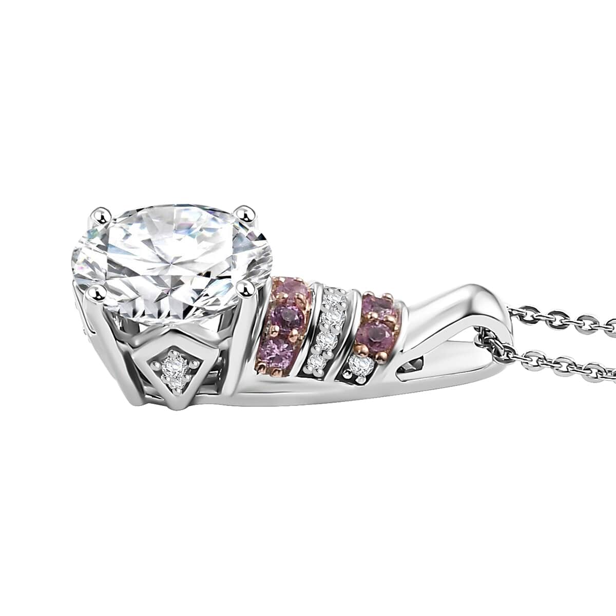 Moissanite and Pink Sapphire 3.80 ctw Moonlit Grace Pendant Necklace in Rhodium Over Sterling Silver 20 Inches image number 3