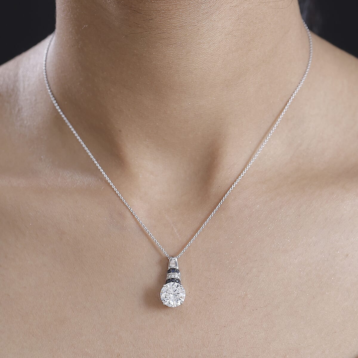 Moissanite and Blue Sapphire 3.70 Moonlit Grace Pendant Necklace in Rhodium Over Sterling Silver 20 Inches image number 2