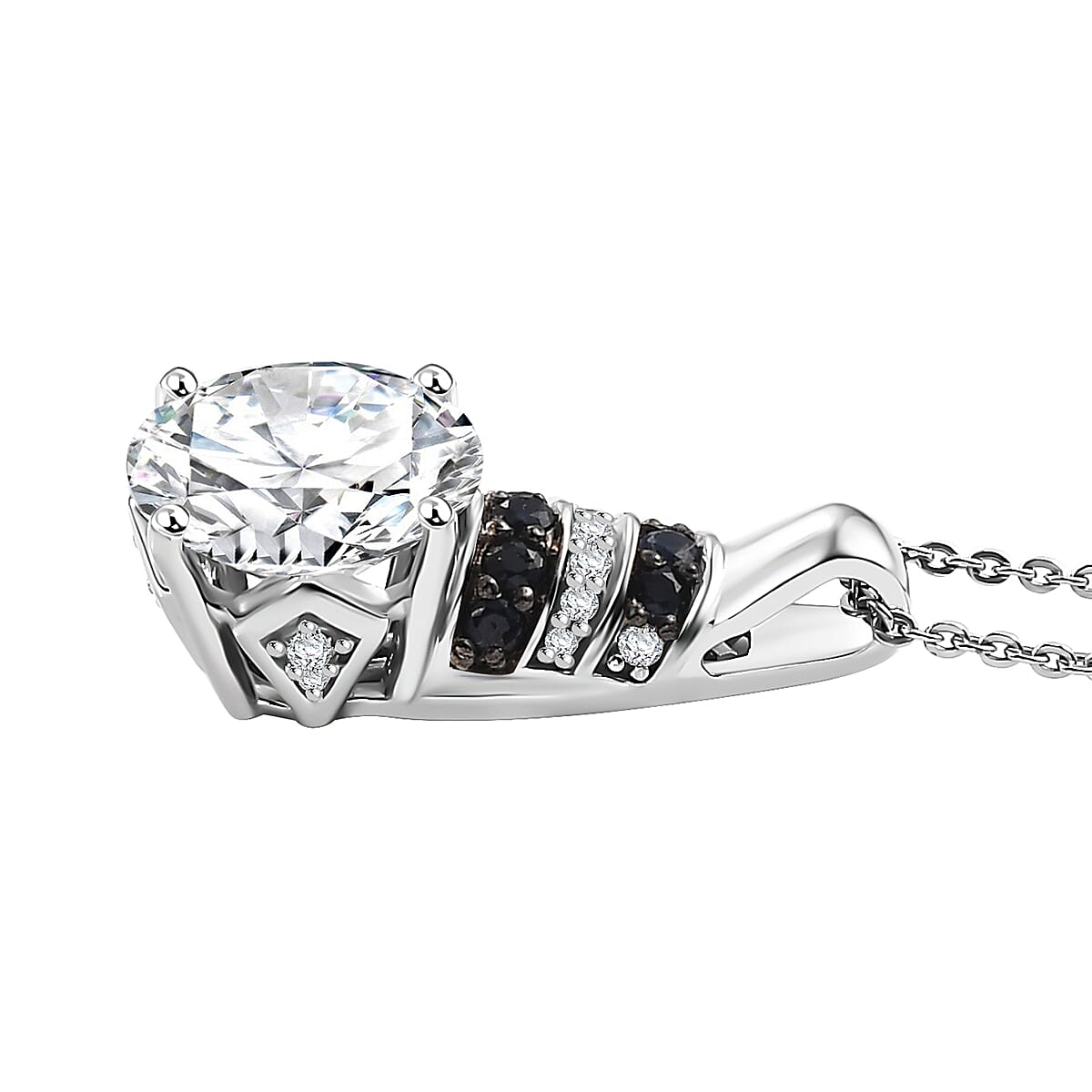 Moissanite and Blue Sapphire 3.70 Moonlit Grace Pendant Necklace in Rhodium Over Sterling Silver 20 Inches image number 3