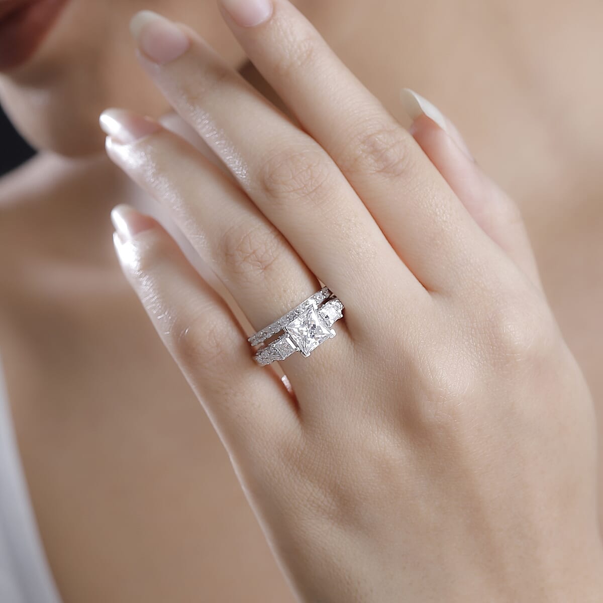 Princess Cut Moissanite and Multi Gemstone 3.60 ctw Bridal Ring Set in Rhodium Over Sterling Silver (Size 6.0) image number 2