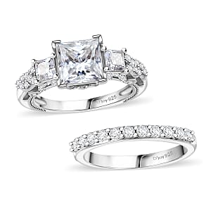 Princess Cut Moissanite and Multi Gemstone 3.60 ctw Bridal Ring Set in Rhodium Over Sterling Silver (Size 7.0)