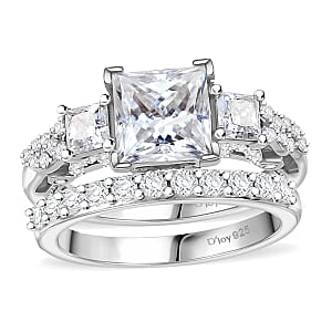 Princess Cut Moissanite and Multi Gemstone 3.60 ctw Bridal Ring Set in Rhodium Over Sterling Silver (Size 7.0)