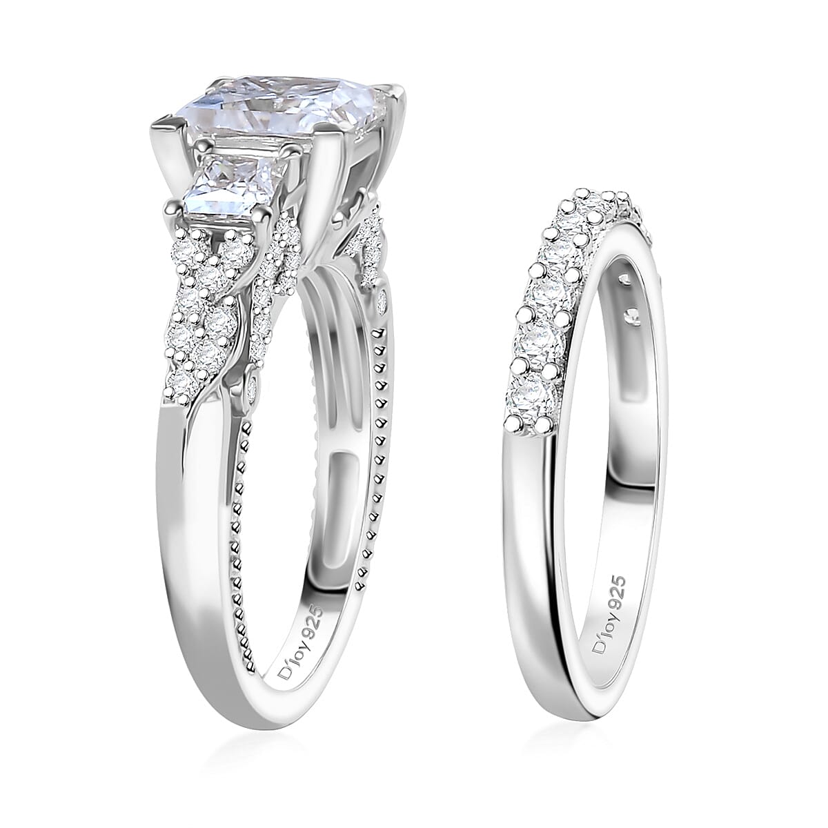 Princess Cut Moissanite and Multi Gemstone 3.60 ctw Bridal Ring Set in Rhodium Over Sterling Silver (Size 7.0) image number 4