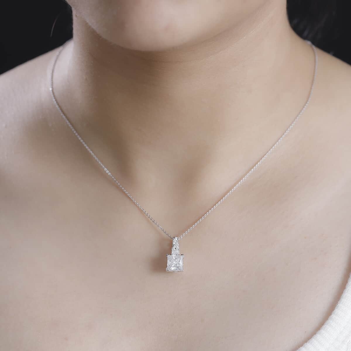 Princess Cut Moissanite and Padparadscha Sapphire (BT) 2.30 ctw Bridal Pendant Necklace in Rhodium Over Sterling Silver 20 Inches image number 2