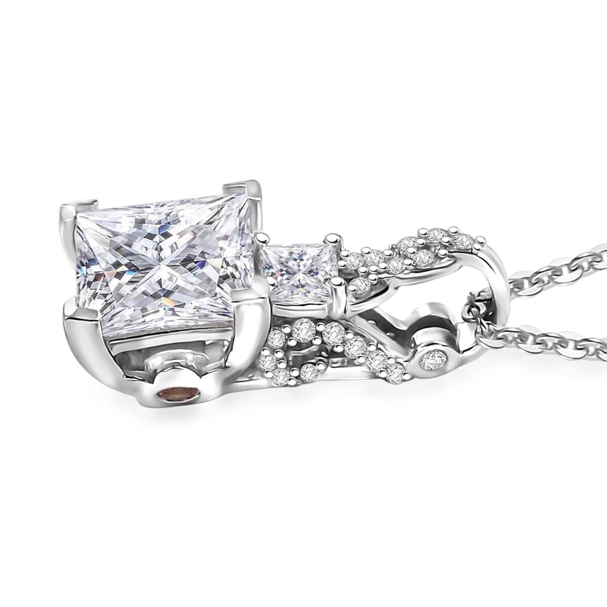 Princess Cut Moissanite and Padparadscha Sapphire (BT) 2.30 ctw Bridal Pendant Necklace in Rhodium Over Sterling Silver 20 Inches image number 3