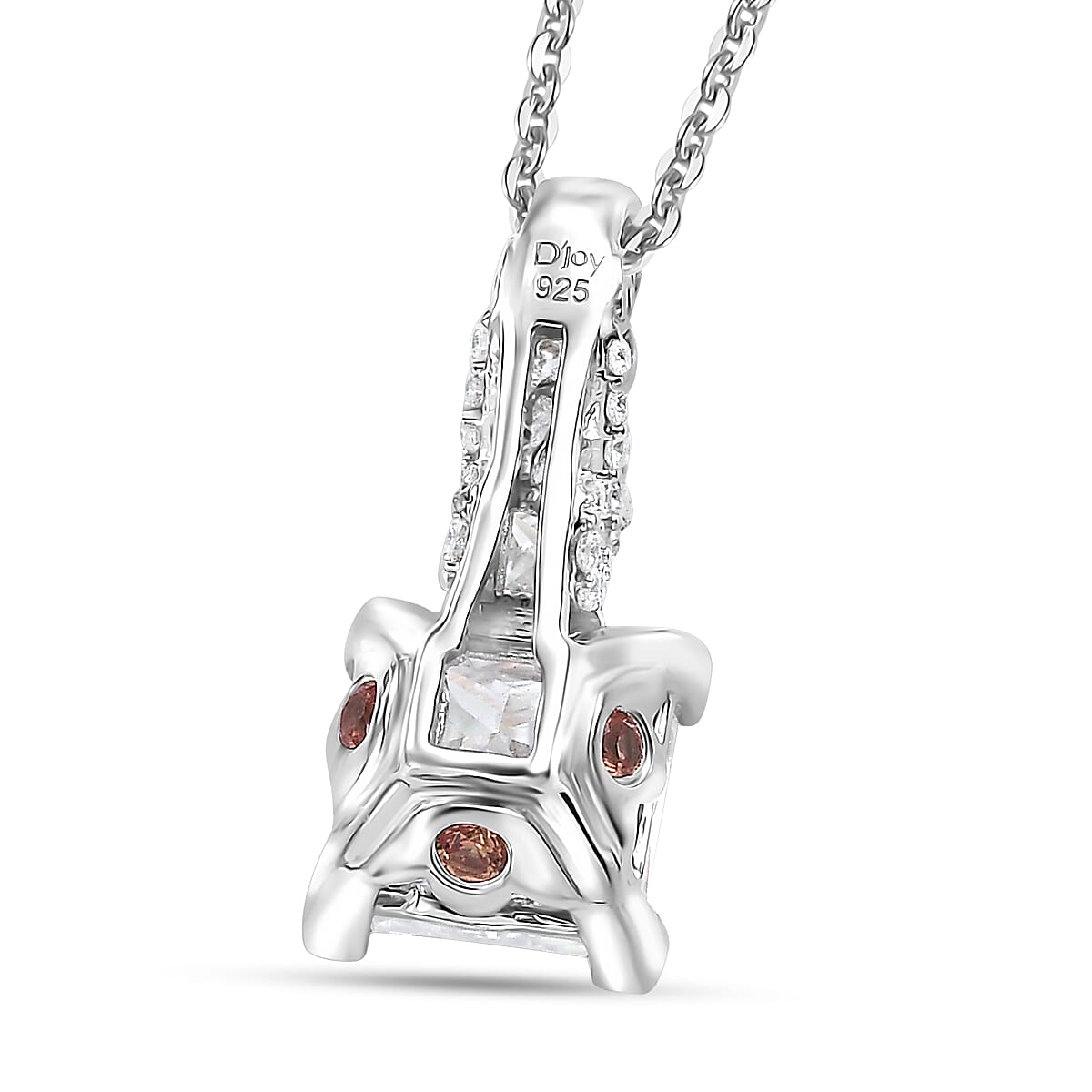 Princess Cut Moissanite and Padparadscha Sapphire (BT) 2.30 ctw Bridal Pendant Necklace in Rhodium Over Sterling Silver 20 Inches