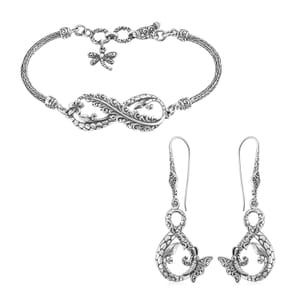 Bali Legacy Sterling Silver Filigree with Dragonfly Bracelet (6.50-8.0In) and Earrings 19.25 Grams