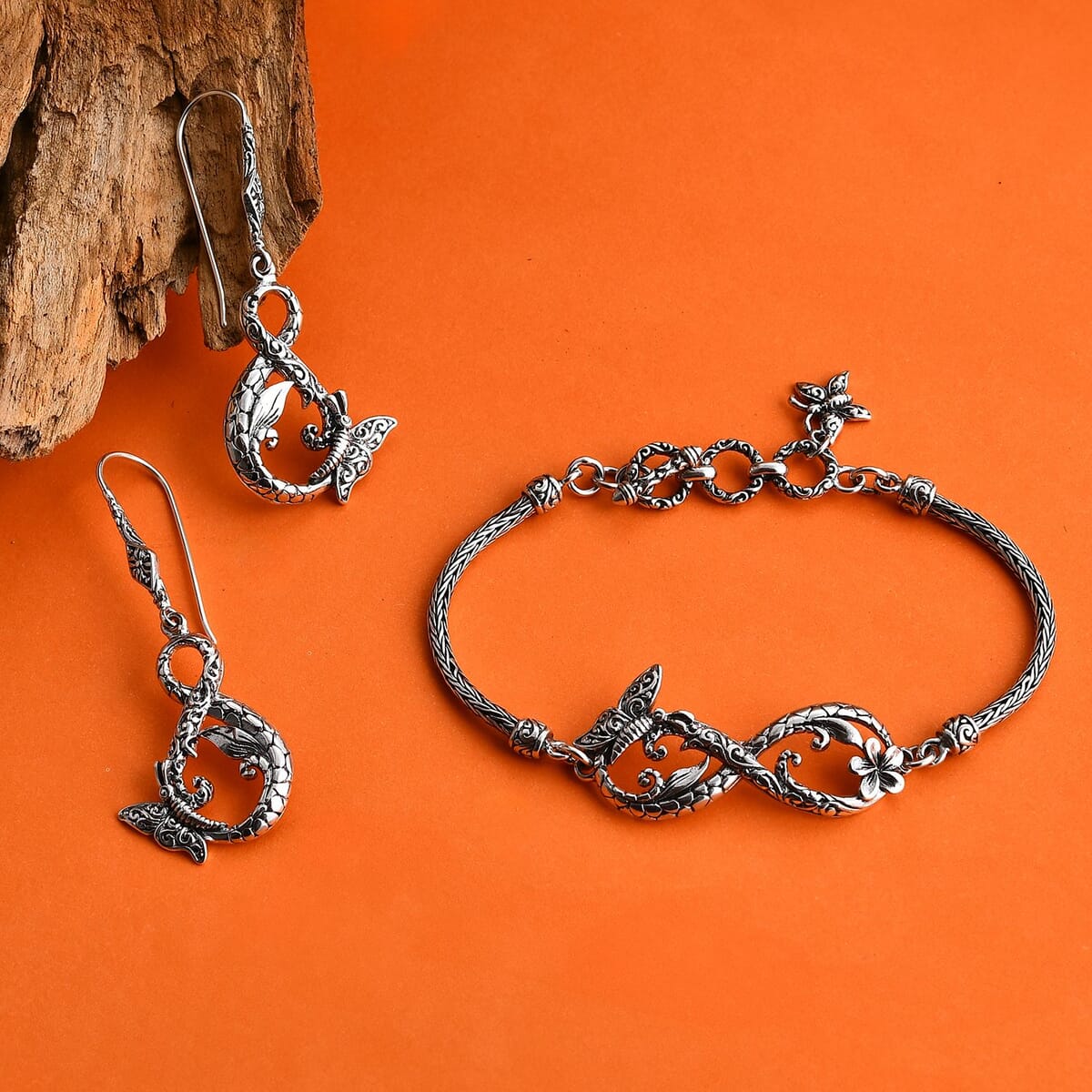Bali Legacy Set of 2 Butterfly Sterling Silver Bracelet (8.00In) and Earring 19.30 Grams image number 1