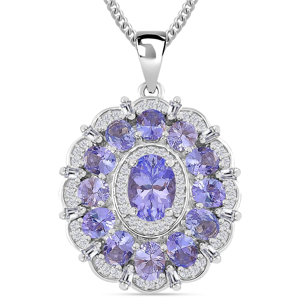 Doorbuster Tanzanite and Moissanite 3.40 ctw Dahlia Floral Pendant Necklace in Rhodium Over Sterling Silver 20 Inches image number 0