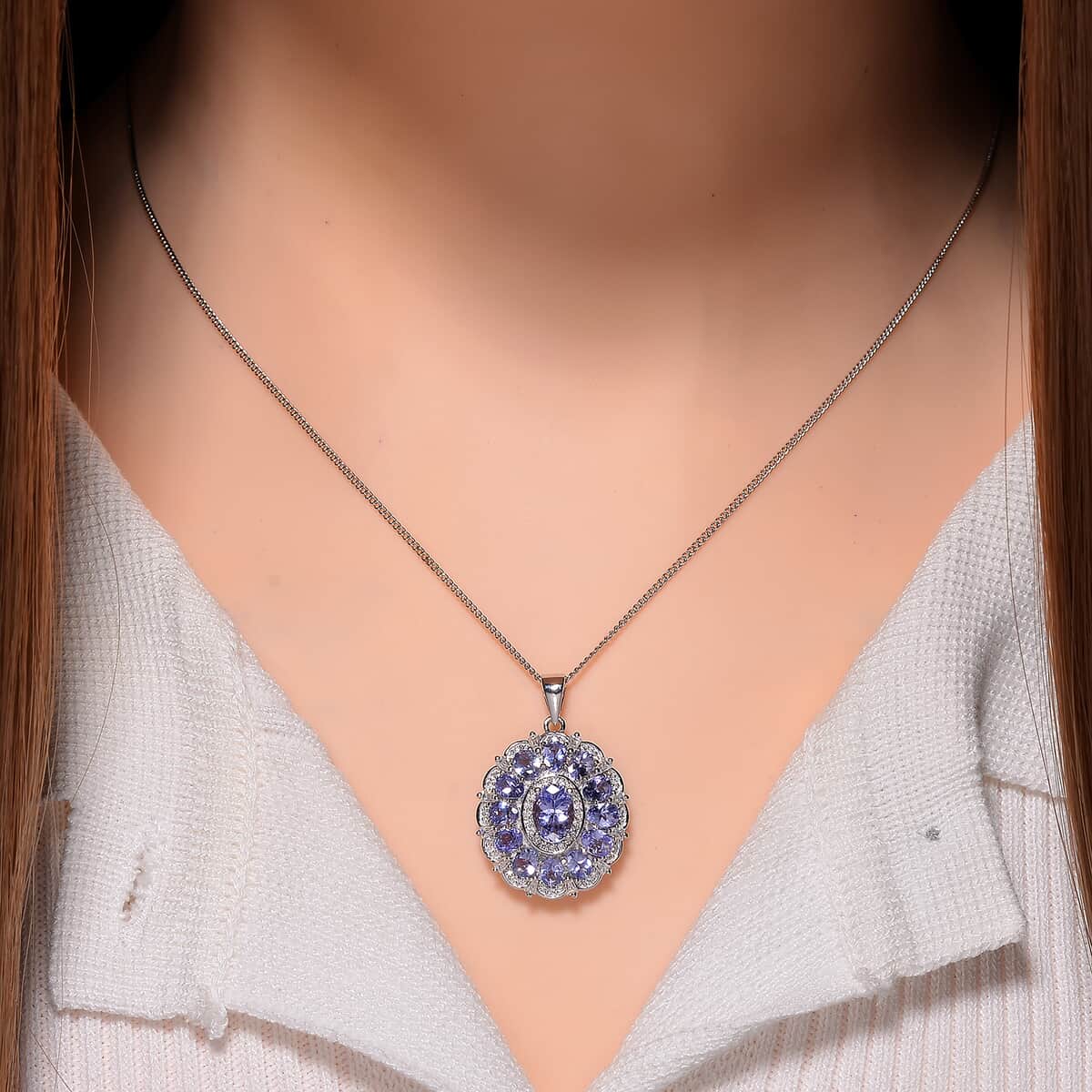 Doorbuster Tanzanite and Moissanite 3.40 ctw Dahlia Floral Pendant Necklace in Rhodium Over Sterling Silver 20 Inches image number 1